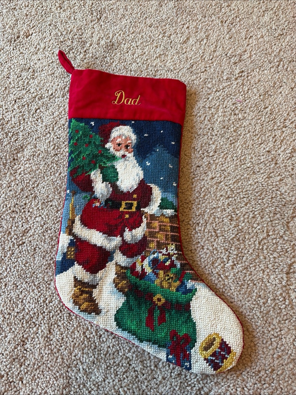 VTG Lillian Vernon Needlepoint Christmas Stocking Santa Gifts W/ Name “Dad”